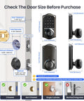 Zero Drama Fingerprint Keypad Smart Door Knob With Snappy Bluetooth Link And Solid Matte Black Housing showing dimensions and installation guidelines.