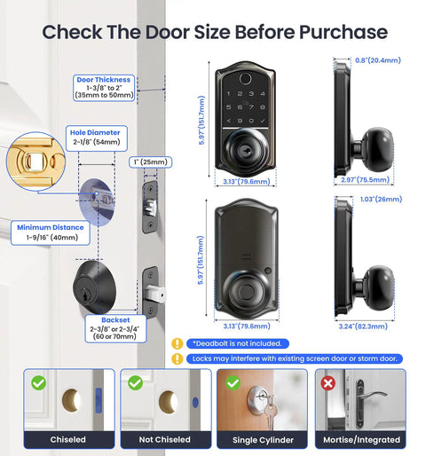 Zero Drama Fingerprint Keypad Smart Door Knob With Snappy Bluetooth Link And Solid Matte Black Housing showing dimensions and installation guidelines.