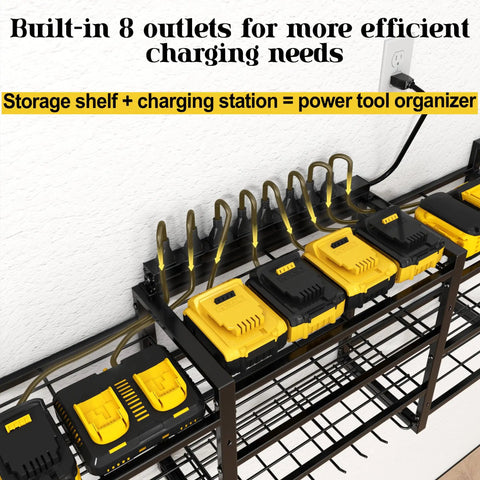 Power Tool Organizer Wall Mount With Charging Station And Heavy-Duty Surge Protection, 10-Tier Tool Rack Holds 400 Lbs with chargers