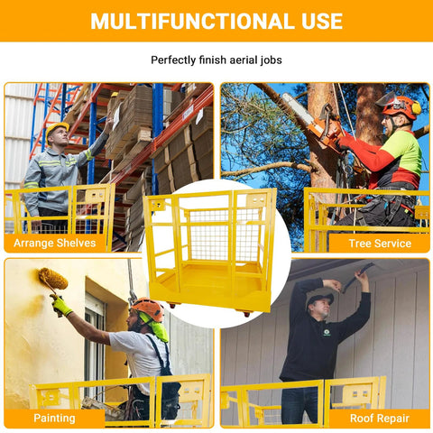 Forklift safety cage with wheels, yellow collapsible lift basket, 1400 lb capacity for loader lifting