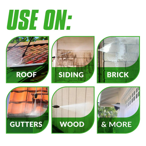 Image showing uses for Go To House And Siding Pressure Washer Cleaner Concentrate on roof, siding, brick, gutters, wood, more.