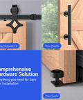 Heavy Duty Barn Door Hardware Kit With Handle For Smooth Sliding Doors Includes Track Rails And Rollers Durable Single Or Double Barn Door Assembly Black Finish Easy To Install Suitable For DIYers And Professionals, showing sliding hardware kit, door handle, and floor guide on wooden door.