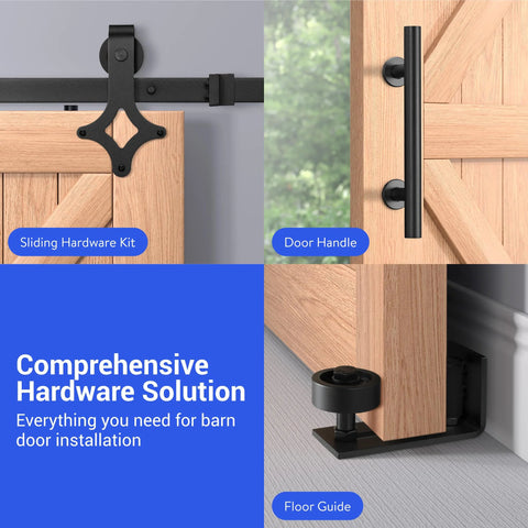 Heavy Duty Barn Door Hardware Kit With Handle For Smooth Sliding Doors Includes Track Rails And Rollers Durable Single Or Double Barn Door Assembly Black Finish Easy To Install Suitable For DIYers And Professionals, showing sliding hardware kit, door handle, and floor guide on wooden door.