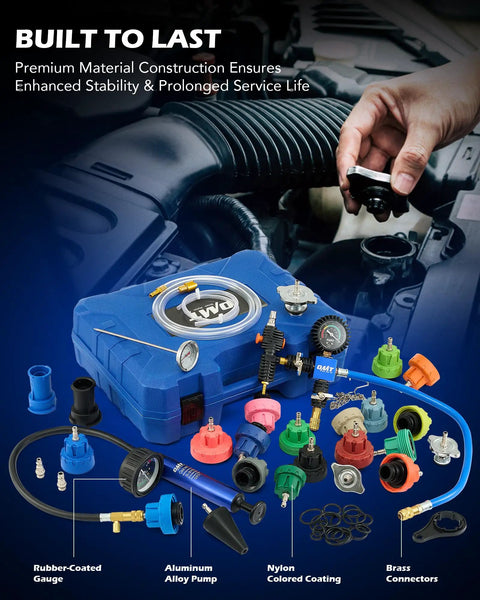 Boss Grade 34 Piece Coolant Vacuum Refill And Pressure Diagnostic Tester Kit with universal adapters on a workbench.
