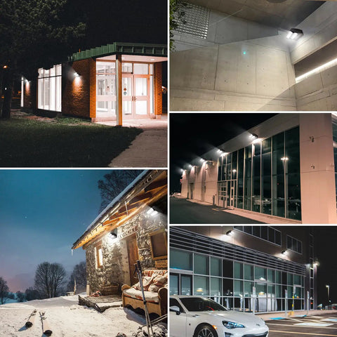 Outdoor scenes illuminated by 40W Rotatable LED Wall Pack Light With 5000K Daylight Output, IP65 weatherproof for various spaces
