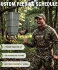 Five Gallon Hanging Deer Feeder With Programmable Digital Timer showing digital display and wildlife in background.