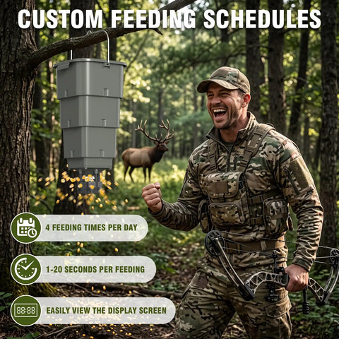 Five Gallon Hanging Deer Feeder With Programmable Digital Timer showing digital display and wildlife in background.