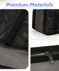 Close-up of black Portable Mesh Shower Caddy For Gym, Travel, Camp, And Dorm Life; features mesh material and zipper detail.