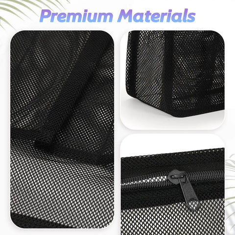 Close-up of black Portable Mesh Shower Caddy For Gym, Travel, Camp, And Dorm Life; features mesh material and zipper detail.