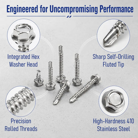 450 Piece Self Tapping And Self Drilling Screws Set In 410 Stainless Steel Hex Washer Head Kit with fluted tip and threads