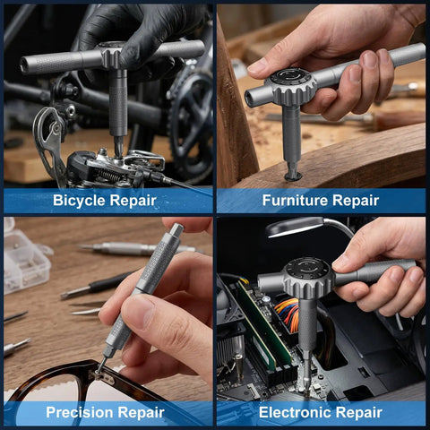 Top Shelf 67 In 1 Ratcheting Screwdriver Set With Badass High Torque Drive And Flexible Hand Grip used for bicycle, furniture, precision, and electronic repairs.