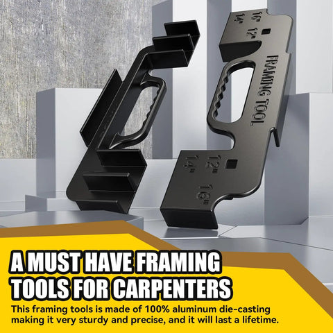 Heavy Duty 3 In 1 Multi Angle Framer With 16 Inch On Center Layout Gauge forged from solid cast aluminum, showcasing measurements.