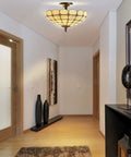 Cream and black 16 inch 2 light iron and glass semi flush mount ceiling fixture with Tiffany style artisanal scalloped glass bowl