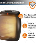 Compact Ceramic Space Heater CD09250 With Adjustable Thermostat showing built-in safety features on hexagon pattern background