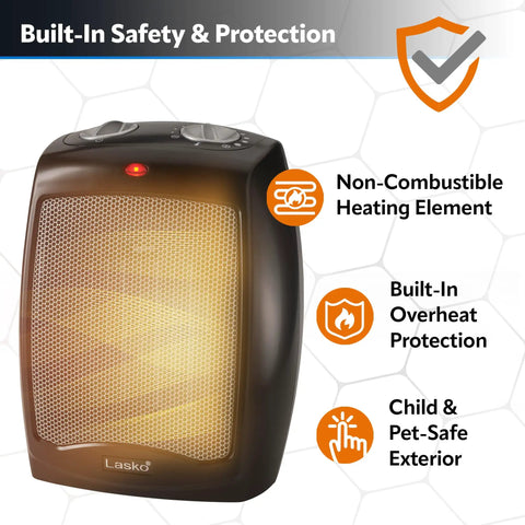 Compact Ceramic Space Heater CD09250 With Adjustable Thermostat showing built-in safety features on hexagon pattern background