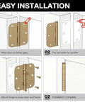 Easy installation guide for Heavy Hitting 30 Pack 3.5 Inch Premium Champagne Bronze Door Hinges steps with pre-drilled holes.