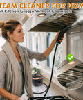 Portable Handheld Steam Cleaner With 16 Versatile Attachments Get Stubborn Messes Outta Sight In Seconds 1500W Motor Heats Up Hella Fast 221 Degrees For Tile Grout Carpets Kitchen Bathroom Garage Auto Detailing No Sweat Deep Clean. Woman using steam cleaner on kitchen range hood.