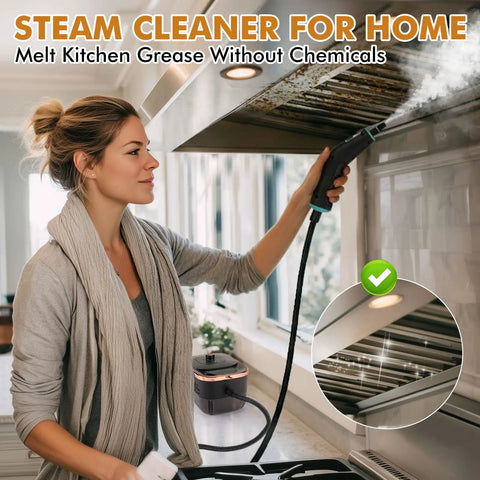 Portable Handheld Steam Cleaner With 16 Versatile Attachments Get Stubborn Messes Outta Sight In Seconds 1500W Motor Heats Up Hella Fast 221 Degrees For Tile Grout Carpets Kitchen Bathroom Garage Auto Detailing No Sweat Deep Clean. Woman using steam cleaner on kitchen range hood.
