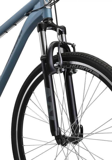 Front view of Hybrid Adventure Bike For Adults, 21 Speed 700c Aluminum Frame With Suspension Fork, featuring alloy linear pull brakes.