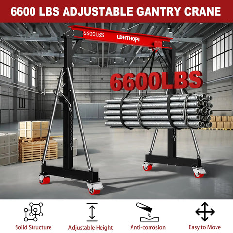 Heavy Duty 3 Ton Gantry Crane 6600 Lbs Heavy Liftin Power With Manual Trolley Hook And Shackles Portable Workshop Hoist with steel frame.