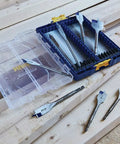 Speedbor Max 8-Piece Wood Drill Bit Set With Clear Lid, Stackable Case displayed on wooden surface, bits arranged in case