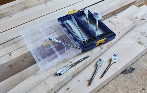 Speedbor Max 8-Piece Wood Drill Bit Set With Clear Lid, Stackable Case displayed on wooden surface, bits arranged in case