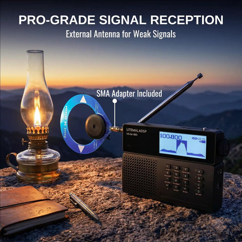 Beast Full Band SDR Receiver with 2.3 inch display and external antenna on outdoor table, ideal for field DXing.