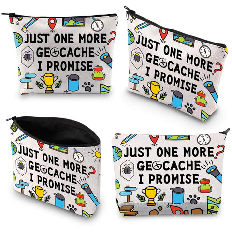 Just One More Geocache I Promise Makeup Bag, canvas with colorful outdoor-themed graphics, shown from different angles.