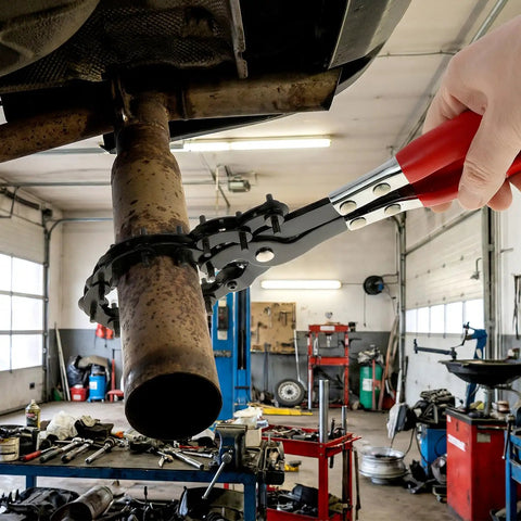 Exhaust Pipe Cutter For Three Quarters To Three And A Quarter Inch Tubing, One-Handed Chain Tailpipe Cutter For On-Vehicle Repairs, Heavy-Duty Cutting Tool For Mufflers, PVC And Copper Pipes In Tight Or Cramped Spaces, on rusty exhaust pipe