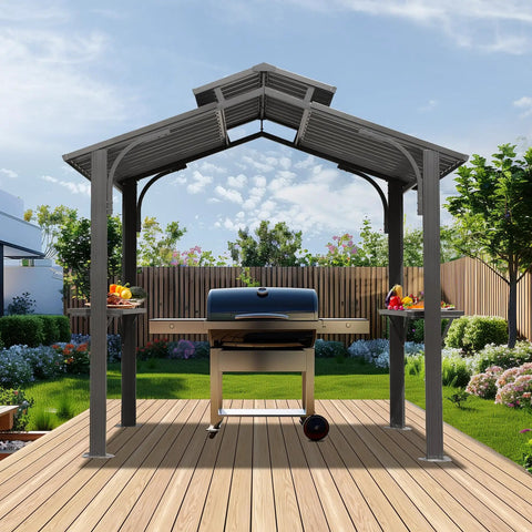 8x5Ft Hardtop Grill Gazebo With Double Galvanized Steel Roof, Two Side Shelves And Ceiling Hooks, Outdoor BBQ Canopy for Patio