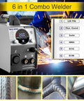 6 In 1 200 Amp MIG Welder With Flux Core TIG MMA Semi Auto Welding Machine shown with control panel and weld types.