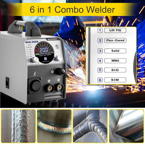 6 In 1 200 Amp MIG Welder With Flux Core TIG MMA Semi Auto Welding Machine shown with control panel and weld types.