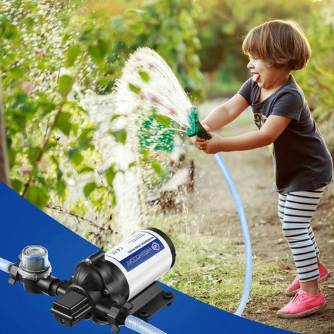 Child using Self Priming 115V Water Pump 4 GPM 45 PSI Diaphragm Booster with garden hose, pump visible with fittings and filter