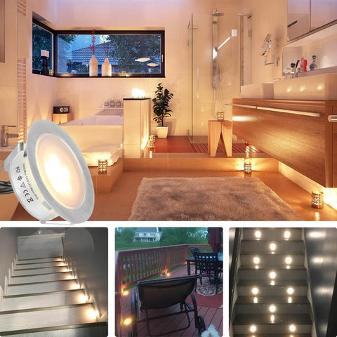 6 Pack Recessed LED Deck Light Kit Upgrade Version Waterproof IP67 Low Voltage Outdoor Lights set in modern bathroom scene