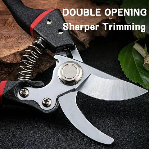 Pro Grade Workhorse 8.4 Inch Pruning Shears With SK5 Steel Titanium Coated Blades, ergonomic design, close-up view
