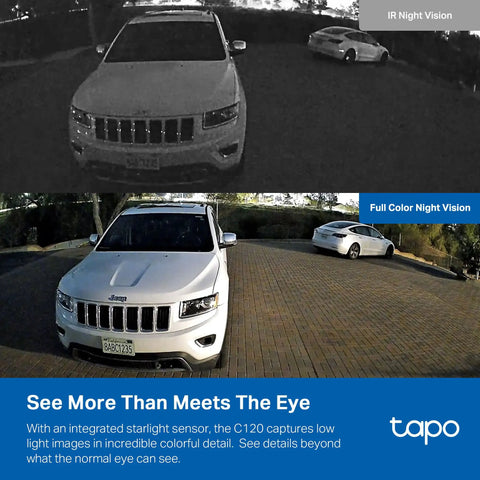 Comparison of IR night vision and full-color night vision in 2K Plus Indoor Outdoor Wired Security Camera With Color Night Vision And Person Pet Vehicle Detection, Baby Monitor, Weatherproof IP66, Local Storage Or Cloud Option, Subscription Free, C120, showing parked cars in a driveway.