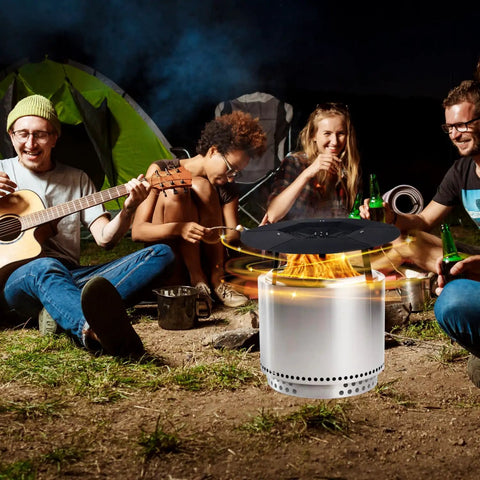 Group camping with Stainless Steel Fire Pit Heat Deflector for Solo Stove Bonfire and Other 19.5 Inch Pits Smokeless Shield