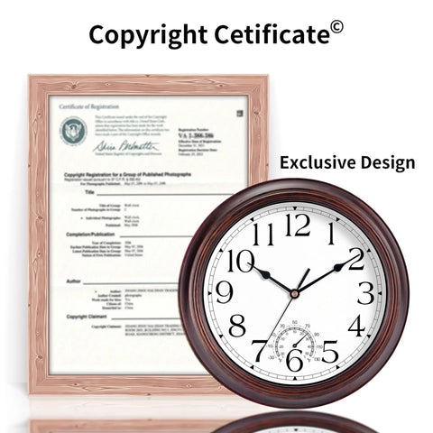 Vintage Bronze 8.5 Inch Outdoor Wall Clock With Thermometer Silent Battery Operated Retro Vibes Non Tick Clock next to certificate.
