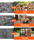 Heavy Duty Log Cart Built Tough For Firewood Up To 250 Lbs With Pneumatic Wheels And Elevated Guardrails Indoor Outdoor Wood Rack Carrier Steel Dolly Hauler For Fireplace Or Fire Pit Rust Resistant Black Finish. Image showing the cart loaded with firewood.