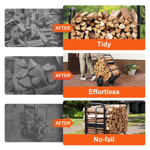 Heavy Duty Log Cart Built Tough For Firewood Up To 250 Lbs With Pneumatic Wheels And Elevated Guardrails Indoor Outdoor Wood Rack Carrier Steel Dolly Hauler For Fireplace Or Fire Pit Rust Resistant Black Finish. Image showing the cart loaded with firewood.