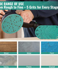 60 Pack 6 Inch Sanding Discs With 49 Hole Pattern in hand, showing different grits on Festool 150 Series Random Orbital Sander