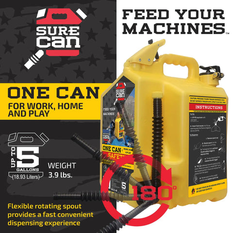 Tough 5 Gallon Type Ii Safety Jerry Can In Bright Yellow with flexible rotating spout and detailed instructions.