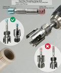 Essential 3 Piece Pvc Pipe Threading Tool Kit For Creating Smooth Internal And External Threads On One Half Three Quarters And Inch Plastic Pipes Compatible With Electric Drills For Plumbing Jobs And Home Fixes, showing drill attachment with PVC fittings.