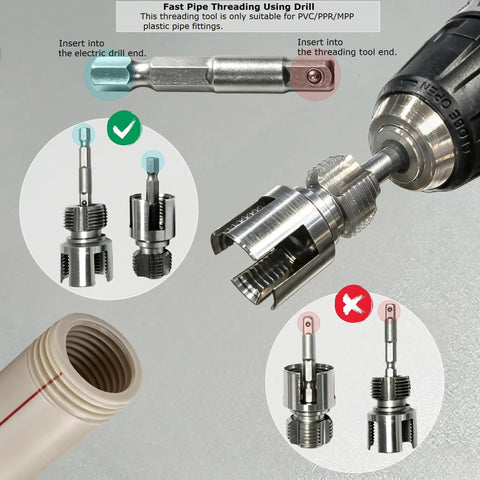 Essential 3 Piece Pvc Pipe Threading Tool Kit For Creating Smooth Internal And External Threads On One Half Three Quarters And Inch Plastic Pipes Compatible With Electric Drills For Plumbing Jobs And Home Fixes, showing drill attachment with PVC fittings.