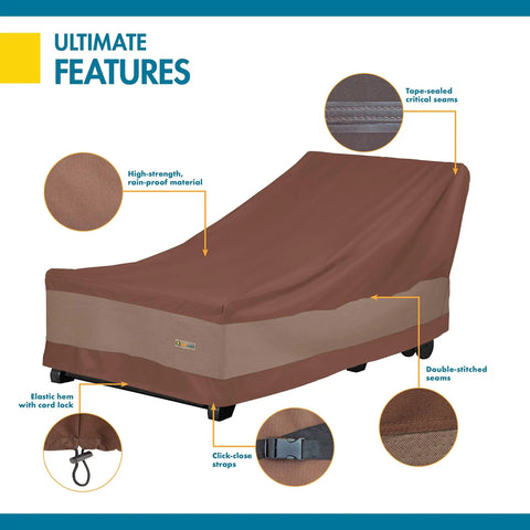 Ultimate Waterproof 80 Inch Chaise Lounge Chair Cover For Outdoor Patio Furniture With Durable Fabric And Taped Seams Elastic Hem And Click Close Buckles Mocha Cappuccino, showing features and details.