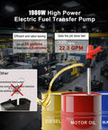 No Sweat 1980W Electric Fuel Transfer Pump For 55 Gallon Drums transferring diesel into red drum at a workshop.