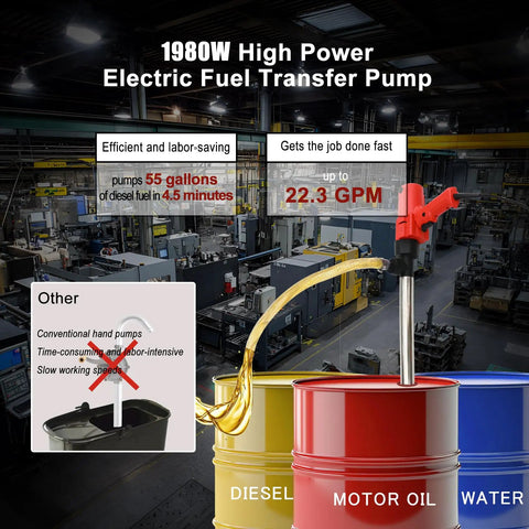 No Sweat 1980W Electric Fuel Transfer Pump For 55 Gallon Drums transferring diesel into red drum at a workshop.
