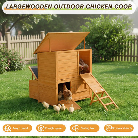 Wooden Chicken Coop For Backyard Living With Outdoor Hen House Design, Three Nesting Boxes, Removable Tray, Foldable Ramp, And Sturdy Asphalt Roof, shown with chickens and chicks outside
