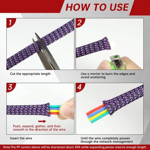 Instructions for using an Expandable Braided Cable Sleeve With PP Yarn And PET Blend, Flexible and Tough Braided Cable Management Cover.