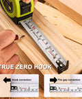 25Ft Tape Measure With Dual Metric And Imperial Scales And 1/8 Inch Fractions used on wood, true zero hook visible